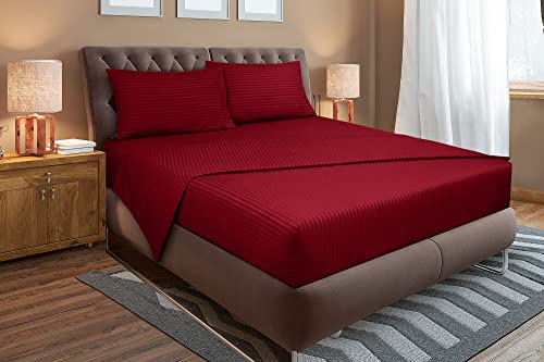 Image of ROYALE LINENS 4 Piece Queen Sheets Set - Soft Brushed Microfiber Bedding - 1 Fitted, 1 Flat Sheet, 2 Pillow Cases - Wrinkle Free & Fade Resistant - Hotel Luxury Bed Sheets (Stripe Burgundy, Queen)