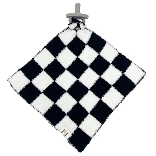 Image of L+L USA Checkered Baby Lovey Pacifier/Teether Holder 10"x10" - DreamSoft Plush Fluffy Cuddly Soothie Reversible Mini Comfort Blanket - Cute Newborn Gift Essential Babies Boys Girls (Black/White)