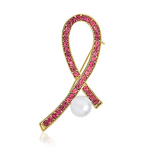 Image of Elegant White Simulated Pearl with Crystal Pave Pink Ribbon Breast Cancer Survivor Brooch Pin - Gold Plated Accent - Empowering Jewelry for Women