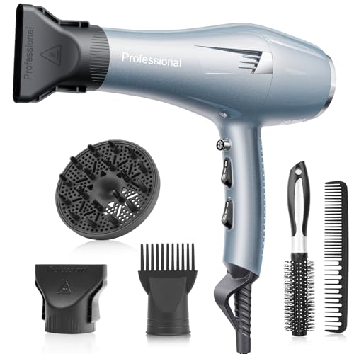 Phon Capelli Professionale Asciugacapelli loni Rapida Asciugatura per Salone e Casa (3 Calore.2 Velocità, Diffusore+2 Ugelli, Cavo 2,5m) (Blu)