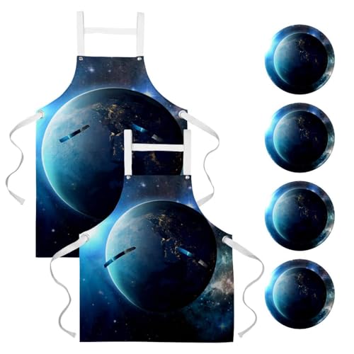 Lot de 2 tabliers de cuisine avec 4 broches motif planète spatiale taille One Large