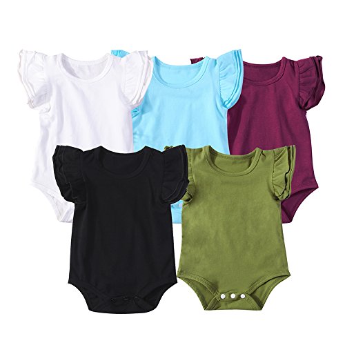 Mubineo Infant Baby Girls Basic 3-5-8-Pack Ruffle Short Sleeve Cotton Bodysuits (Blue Sky(5-Pack), 12-24 Months)