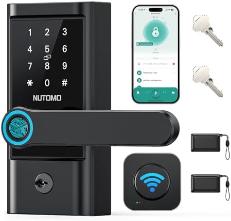 WiFi keypad Door Lock with Handle: NUTOMO keyless Entry doorlock deadbolt with Handle Set,Fingerprint Smart Lock for Front Door,Smart Electronic Deadbolt with Alexa/Bluetooth/App Control Black