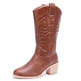 Odema Women's Velvet Cowboy Cowgirl Boots Chunky Heel Rodeo Boots Mid Shaft Country Boot Lightbrown US8