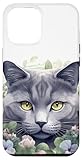Installation facile Coque pour iPhone 14 Plus Chat de race Chartreux avec cadre de fleurs