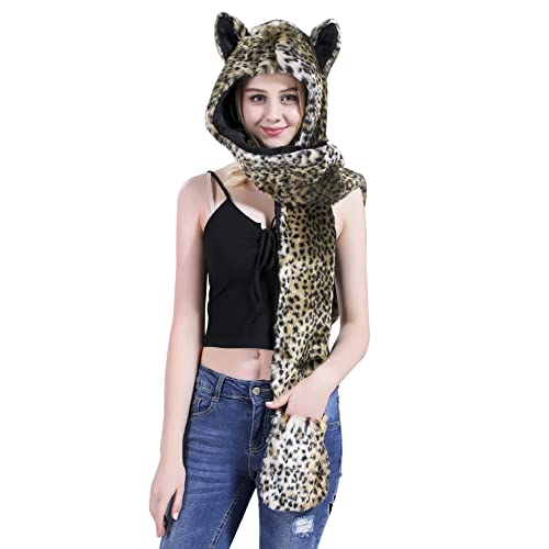 Winter Animal Hat Faux Fur Hooded Scarf Cute Furry Ears Paw Gloves Pocket Hoodie Beanie Cap Party Costume for Women Girls (Leopard)