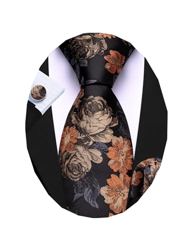 Image of Barry.Wang Flower Ties for Men Silk Woven Floral Tie Sets Necktie Handkerchief Cufflinks Wedding Party