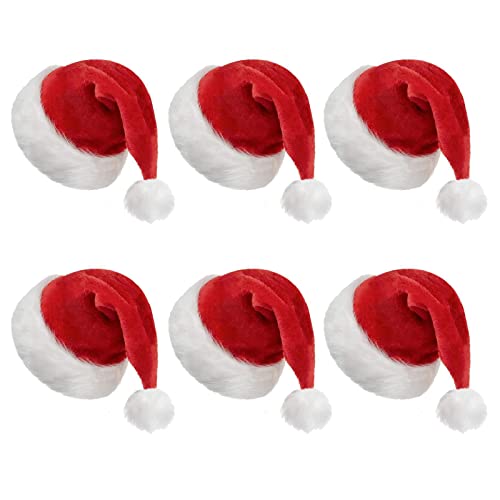 Plüsch Weihnachtsmütze, Unisex-Weihnachtsmützen, Extra Dicker Samt Weihnachtsmütze Erwachsene, Weihnachtskostüm, Klassischer Hut für Weihnachten, Neujahr, Feiertage, Partyzubehör (Rot 6 Stück)