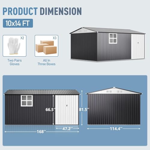 Image of AirWire 14x10 FT Outdoor Metal Storage Shed with Window, Heavy-Duty Galvanized Steel Tool Shed with Lockable Doors, Waterproof Garden Shed for Backyard, Patio, Lawn, Black