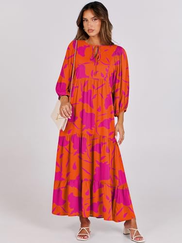 Image of ANRABESS Womens Boho Floral 3 /4 Puff Sleeve Maxi Dress