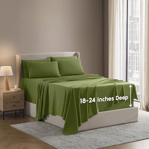 Image of Nestl Extra Deep Split King Sheet Set - 7 Piece Breathable & Cooling Sheets - Hotel Luxury Bedding Set w /18-24 Inch Deep Pockets - Easy & Secure Fit - Super Soft, Wrinkle Free & Comfy - Calla Green
