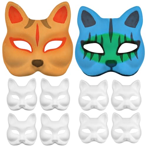 SEWACC 10pcs Cat Mask DIY White Paper Masks Unpainted Fox Blank Animal Dress Up Mask Plain Masquerade Masks Half Animal Cosplay Costume for Mardi Gras Venetian Party