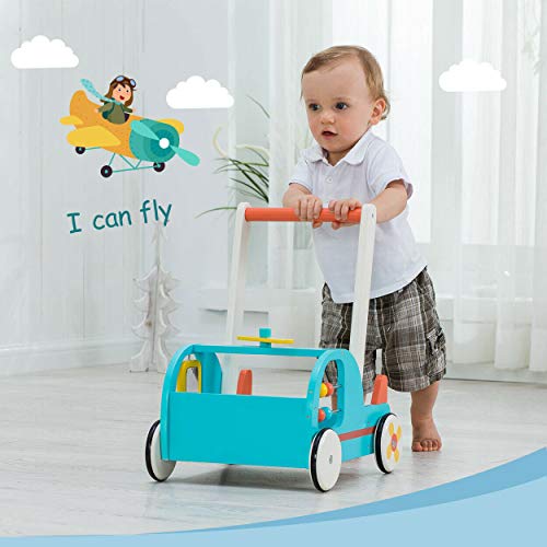 Blue Aircraft Wooden Baby Push Walker - 2-In-1 Toddler Push & Pull Toys Learning Walker Stroller Walker With Wheels For Baby Girls Boys 1-3 Years Old #TOP1