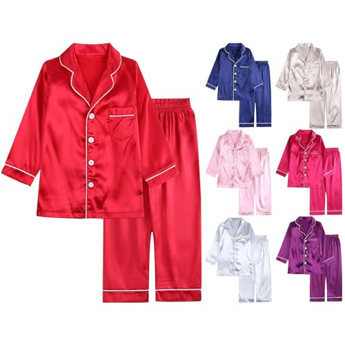 Little Girls Boys Satin Silk 𝗦leep𝚠ear 2pc Set Long Sleeve Button Down Classic 𝗟ounge𝚠ear Soft 𝗡ight𝚠ear3