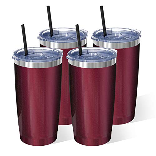 20oz Tumbler with Lid Bastwe Stainless Steel Vacuum Insulated Double Wall Travel Mug Tumbler Coffee Mug with Splash Proof Sliding Lid and Straw Wine Red 4 Pack