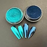 Vonrui Green Blue Chrome Nail Powder Set Metallic Mirror Effect Holographic Nail Powder, Nail Art Glitter Decoration Green Nail Chrome Powder Set 2 Jars