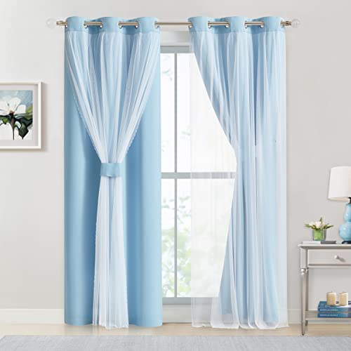 Image of Bujasso Sky Blue 80% Blackout Curtains with Sheer Overlay Mix and Match Double Layer Thermal Insulated Window Panels 84 inch for Living Room Bedroom Blue Drapes with Tiebacks Grommet Top 37 inch Wx84 Lx2