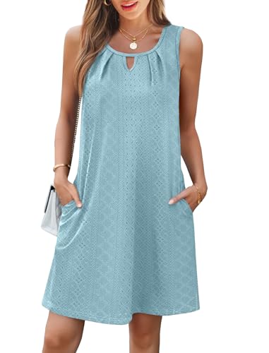 Image of RUMIA Swimsuit Coverup for Women Summer Sleeveless Beach Dress | Crew Neck, Pockets, Eyelet, Boho, Above knee Length, A-Line. Everyday wear, Sundresses, Cruise Wear, Vacation essential