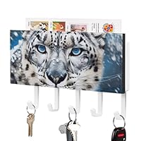 Blue Eyed Snow Leopard Key Holder Rack Hanger Wall Mount Decorative Mail Holder with 5 Hooks Mail Organizer Wall Mounted Adhesive Coat & Key Hooks for Wall Entryway Hallway Kitchen Easy Installation