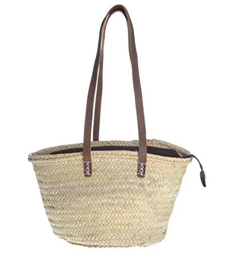 HERSIG Afrikan Bags - Bolso Capazo de Palma | Bolso de Palma de Base Oval con Cierre Cremallera y Asa de Cuero Redonda en Cuero Marrón - 41 x 24 x 25 cm