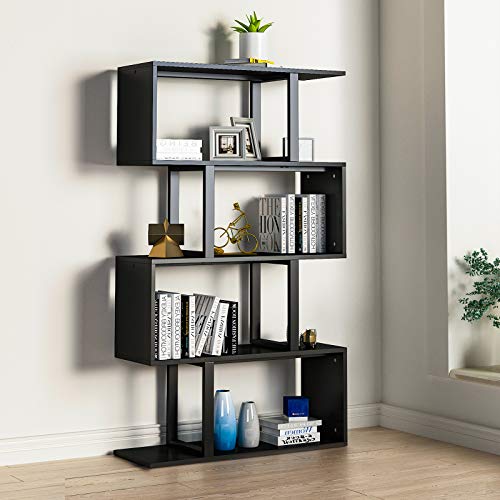 Yitahome 5 Tiers Bookshelf, Modern S-Shaped Z-Shelf Style Bookshelves, Multifunctional Geometric Bookcase Storage Display Shelf For Living Room Bedroom Home Office, Black #TOP3