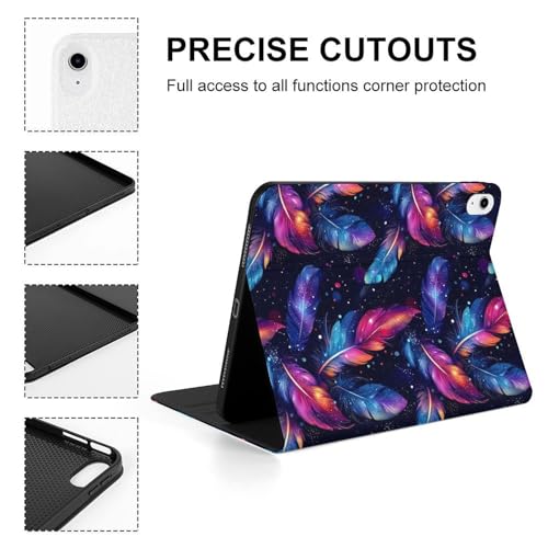 Housse iPad Pro 11 2025 et iPad 10e génération à motif plumes colorées avec support