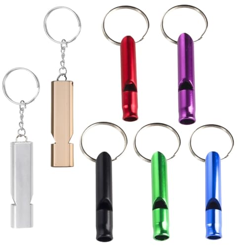 BDEPSTR Survivalfluitje, 7 stuks, aluminium fluitje, noodfluitje, hoge decibelfluit, met sleutelhanger, voor outdoor, wandelen, jacht, kajak, camping, vissen