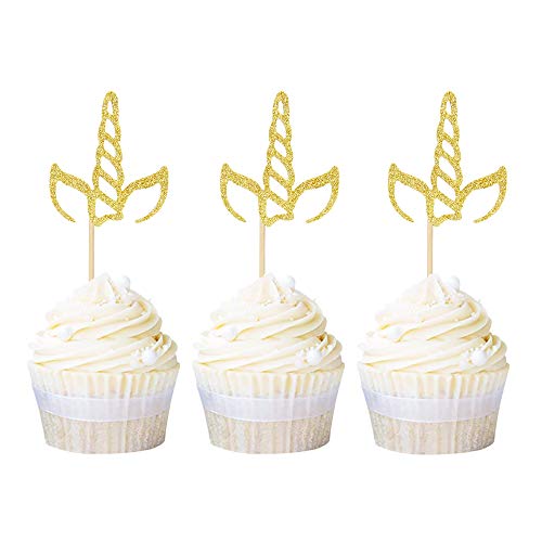 Ercadio 24 Pack Unicorn Horn Cupcake Toppers Gold Glitter Unicorn Cupcake Picks Decoration For Baby Shower Kids Birthday Party #TOP14