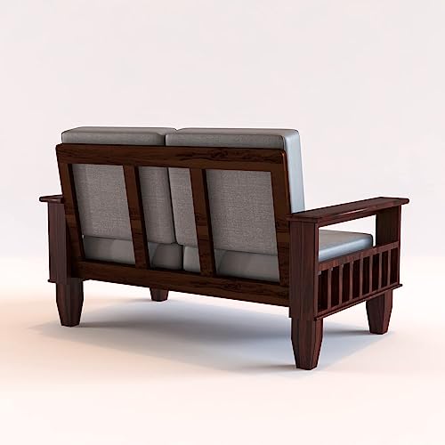 Image of Sheesham Wooden 2 Seater Sofa for Living Room | Rosewood 2 Seater Cushion Sofa with Side Newspaper Holder for Home & Office | Solid Wood Sofa Set for Lounge (Mahogany Finish)
