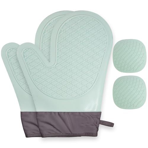 Set Completo de Guantes de Horno y Agarradores – Set 4 Piezas con 2X Guantes de Cocina & 2X Agarradores, Silicone Anti-Deslizante para Hornear, Parrilla, Cocina (Verde)