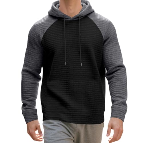 Muineobuka Men's Pullover Hoodies Casual Long Sleeve Drawstring Color Block Plaid Jacquard Hooded Sweatshirts with Pockets