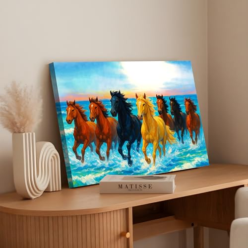 Image of 7 Running Horses Vastu Stretched Canvas Painting For Living Room Blue Seven Horses Vastu Wall Art Painting Symbol of Success, Growth & Positive Energy Wall Art for Home & Office, 12x16 Inch