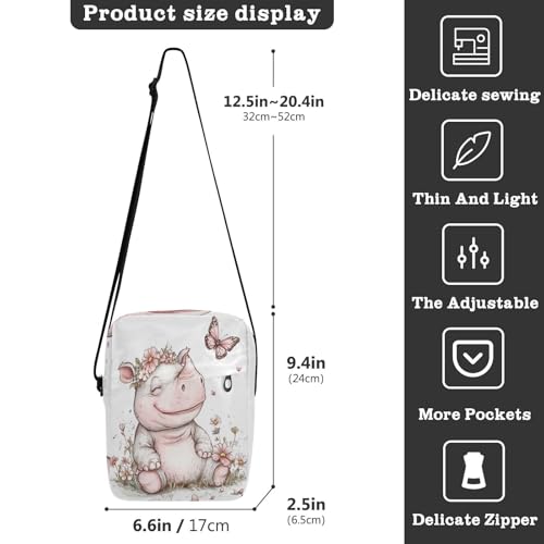 Cartoon Cute White Rhinoceros Flowers Butterfly messenger bag cute Small Crossbody Bags For Women Ladies Shoulder Handbags Adjustable Strap for Casual School3