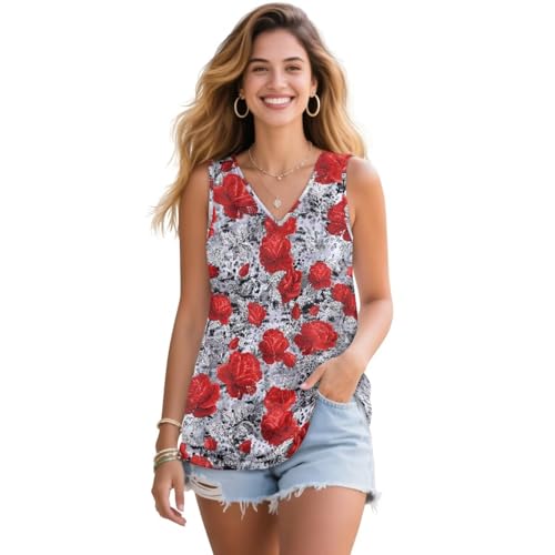 UOQFHHM Spring Tops for Women Red Rose Print Tank Tops Summer V Neck T Shirts Trendy Sleeveless Basic Tee Fashion Loose Fit for Daily Dating 5X-Large