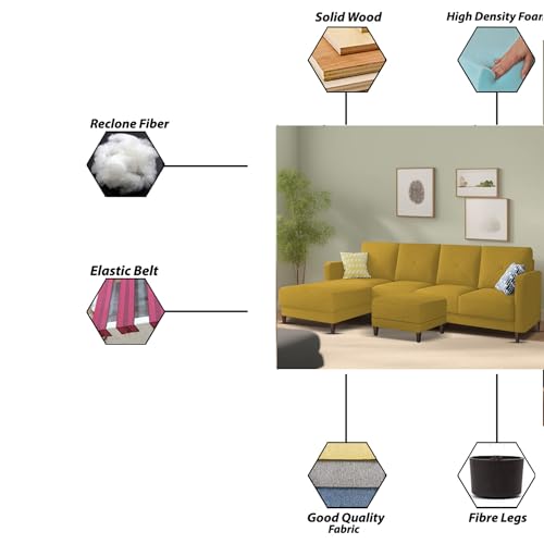 Image of Baloney LHS 6 Seater L Shape Sofa Set with Center Table for Living Room (Yellow Fabric) Premium Fabric Sofa