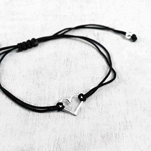 Black Womens Friendship Bracelet, Small Sterling Silver 925 Open Heart Shaped Charm, Pull Adjustable Kindred Cord Thread, Handmade By Claudia Lira. Perfect Small Gift (10% Promo) #TOP2