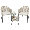 Devoko Patio Furniture Set 3 Pieces Rope Woven Bistro Set Outdoor Conversation Set with 2 Wide Chairs,Cushions and Tempered Glass Table for Balcony Porch Backyard Garden Poolside