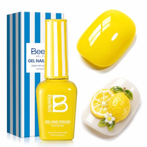 Image of Beetles Yellow Gel Nail Polish, Lemon Stripe, Neon Yellow Gel Polish | Summer Voyage Collection, Color-Matched Bottle Design, Soak Off UV LED, Long-Lasting Nails Art for Home DIY & Holiday