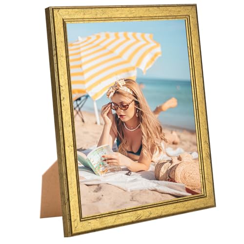 Wood 9x11 Frame Gold Ornate Natural Wooden 11x9in Picture Frames Modern Golden 9 x 11inch Gallery Photo Pic Frame with HD Plexiglass Horizontal Vertical Wall Mounting Tabletop Display 1Pcs