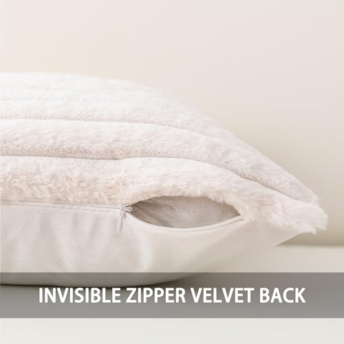 Pack of 2 Faux Fur Christmas Throw Pillow Covers 18x18 Inch, Soft Plush Striped Neutral Couch Pillow Cover, with Velvet Back Modern Home Decor for Sofa Living Room Couch Bed Cream White - Image 3