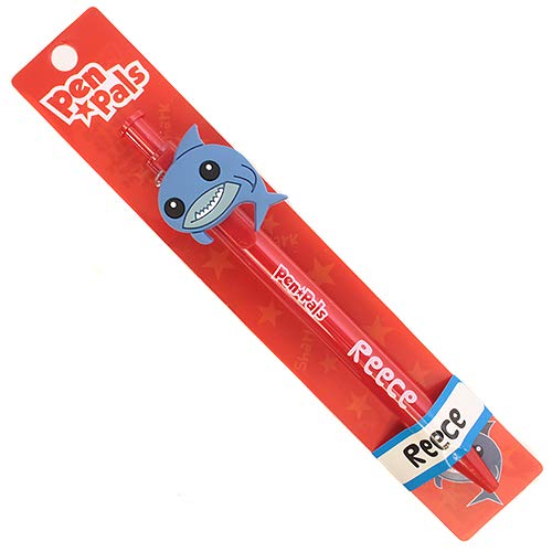 Stands Out, Supplying Outstanding Gifts Reece Boys Personalised Red Retractable Pen With a Fun Shark Character With Blue Ink