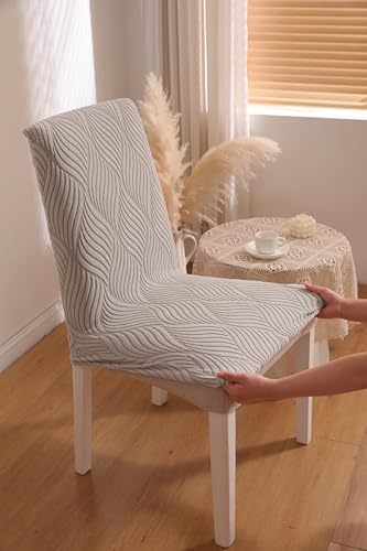 Image of HOMETHREADS Elastic Jacquard Chair Cover - Stretchable, Removable & Washable Short Dining Chair Slipcover | Durable Seat Protector for Kitchen, Dining Room & Banquet Chairs (Light Grey, Pack of 8)