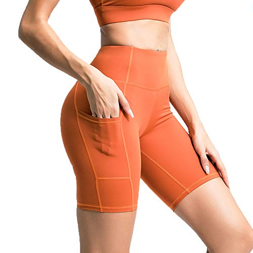 BarryBasicz Women s Tummy Control Hight Waisted Shorts,High Elasticity, Comfort and Breathability,Biker Shorts,Phone Pockets Shorts(Orange, M)