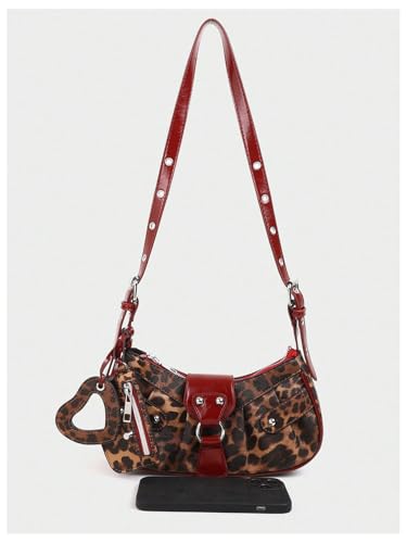 QWINEE Women's Y2K Studded Leopard Print Shoulder Bag Zipper Funky Underarm Purse with Adjustable Strap4