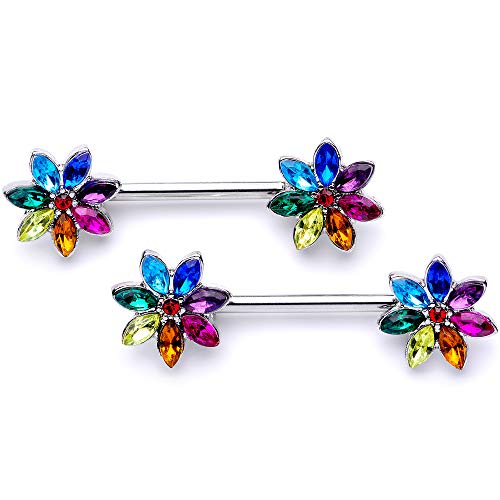 Body Candy Nipplerings Piercing Women 14G 9/16" Stainless Steel Rainbow Flower 2Pc Dangle Nipple Ring Set 14mm