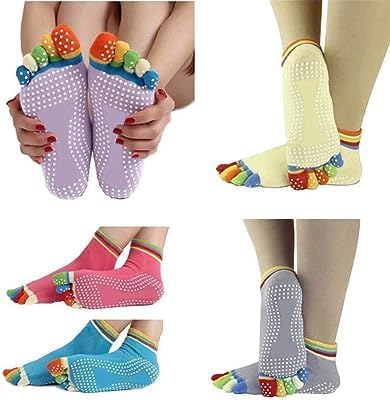 WhiteLey Women's Anti Bacterial Yoga/Pilates/Dance/Ballet Made Yoga Socks & Five Toe Rubber Yoga Pilates Fitness Socks Non Slip Massage (Colorful Yoga Socks-1)