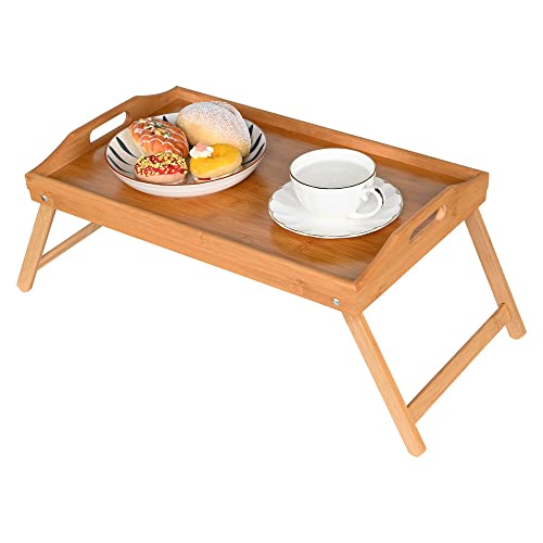 PrimeCables Bamboo Bed Table Tray with Foldable Legs, Large Breakfast Bed Tray with Handles for Food, Snack Small Laptop