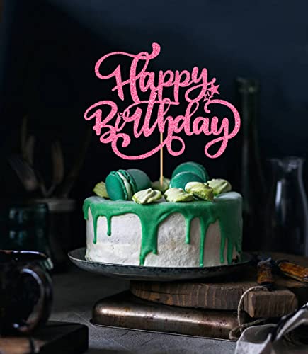 Crseniny Happy Birthday Cake Topper,Pink Glitter Birthday Sign Cake Decorations，Anniversary Party/Birthday Party Decoration Supplies (Pink Glitter) #TOP2