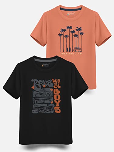 Image of HELLCAT Boys Round Neck Printed Blended Cotton Tshirt -Combo Pack of 2 - Orange /Blue