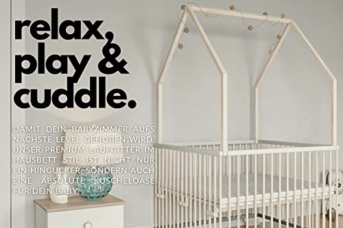 Sämann Laufgitter EXCLUSIVE 100x100 cm mit Matratze - Hausbett & Babybett - stufenlos höhenverstellbar Laufstall Baby Buche grau